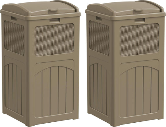 Greesum 33 Gallon Outdoor Trash Can with Lid (2-Pack), Heavy Duty Resin Garbage Bin, Waterproof & UV Resistant for Patio, Garden, Deck, Yard, Light Coffee