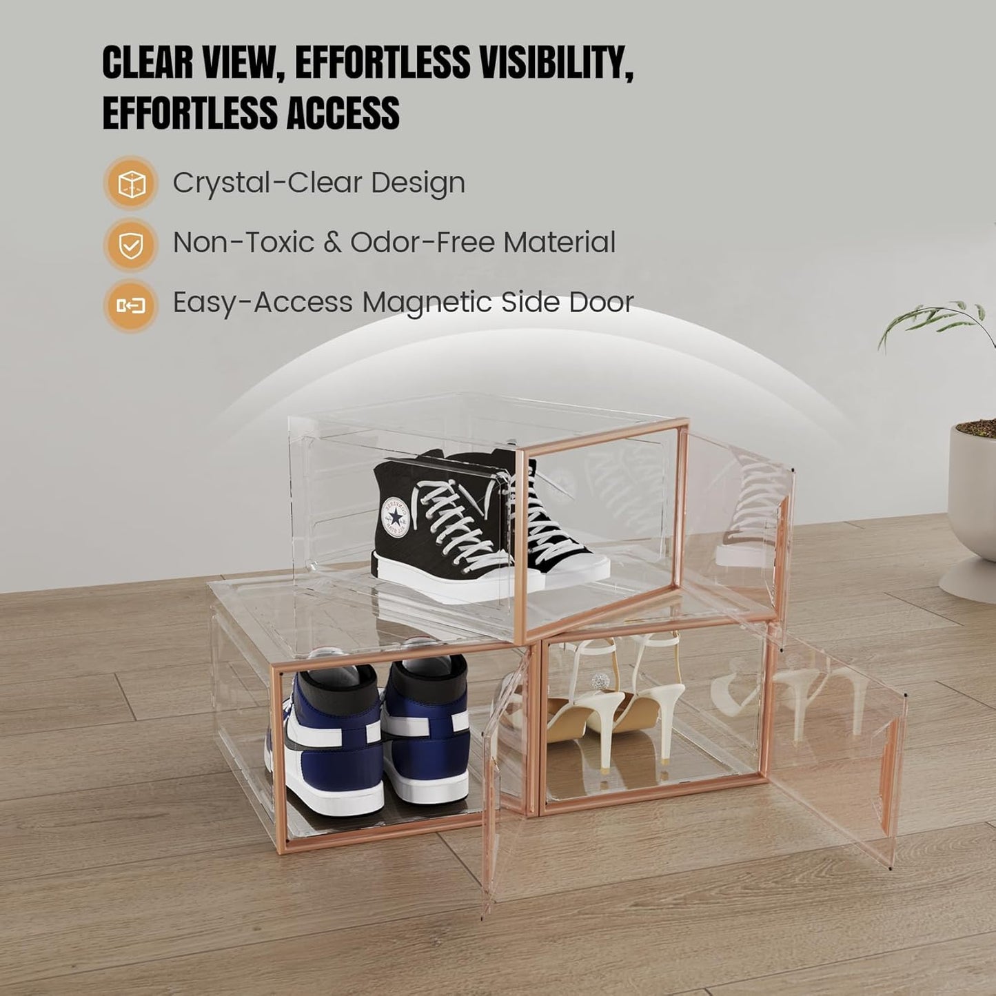 X-Large Stackable Shoe Boxes - Clear Plastic Shoe Storage Boxes with Magnetic Door, Thicken Shoe Organizer for Closet, Space Saving Foldable Shoe Containers Bins for Sneaker Boot - 6 Pack(Brown)