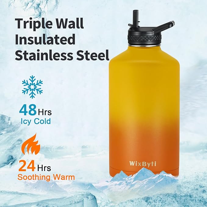 One Gallon Water Bottle Insulated with DIY Stickers, Triple Wall Vacuum Cold for 48 Hrs Leak-proof Non-BPA, 128oz Large Sports Stainless Steel Water Jug with Paracord Handle Straw Spout Lids