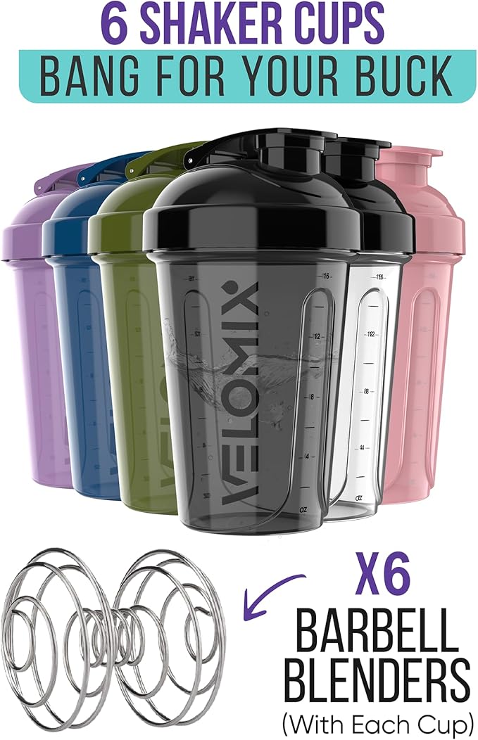 '-6 PACK- Shaker Cups for Protein Shakes 20 oz - 6x Wire Whisk | Leak Proof Protein Shaker Bottle for Protein Shakes, Shaker Bottle Pack for Pre & Post Workout, Shaker Cup (Muted Contrast)