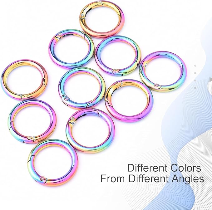 10Pack 1 Inch Metal Spring O Ring Clips Keychain, Round Carabiner Clips Keyrings Snap Hook Buckle, Purse Shoulder Bag Chain Ring Clip Replacement Paracord Keychain Lanyard Leather DIY Crafts (Rainbow)