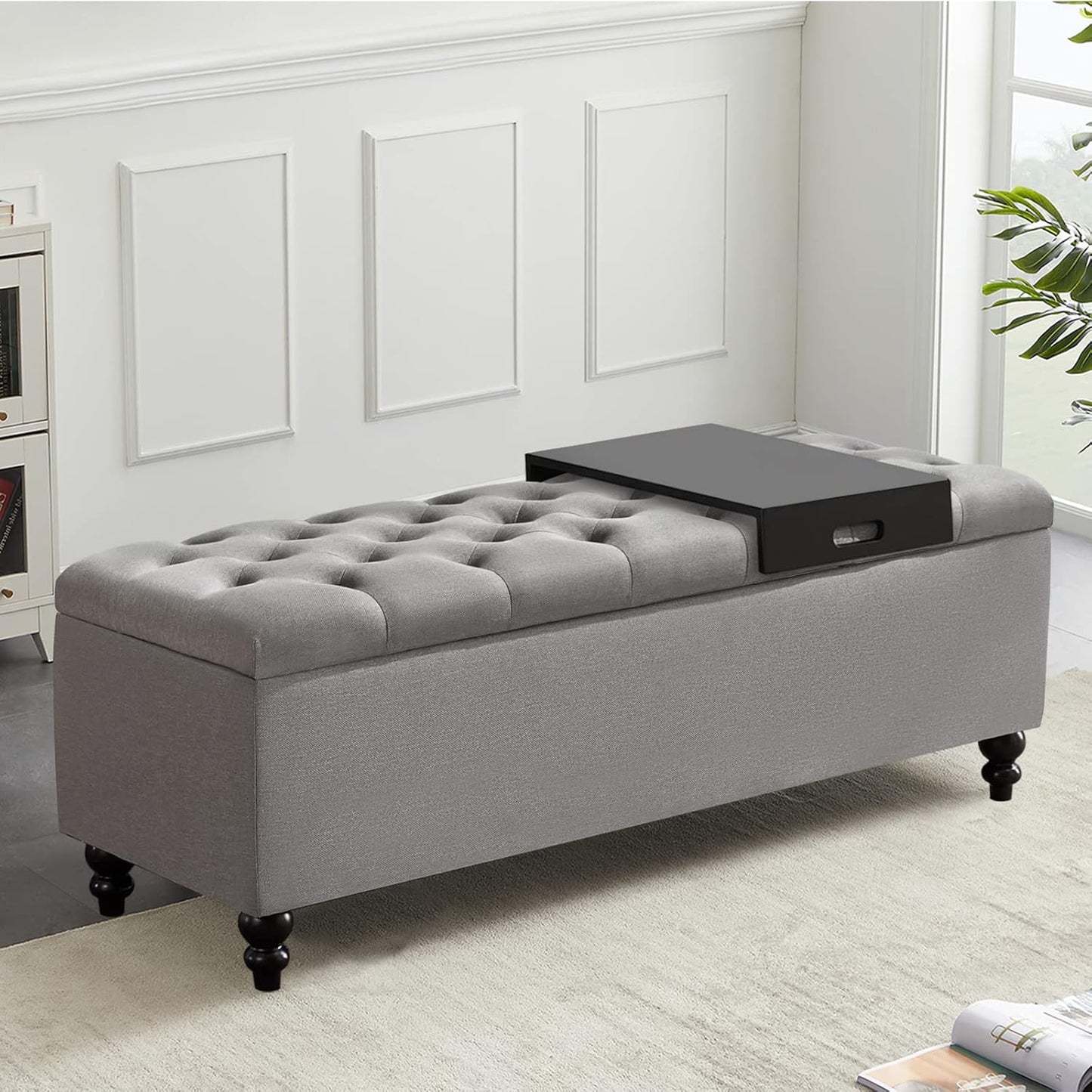 Storage Ottoman 50.2 Inches Upholstered Fabric Storage Ottoman Bench，Button Tufted Ottoman with Storage for Living Room，Bedroom End of Bed Bench Withstands 301lbs(Grey-TP)