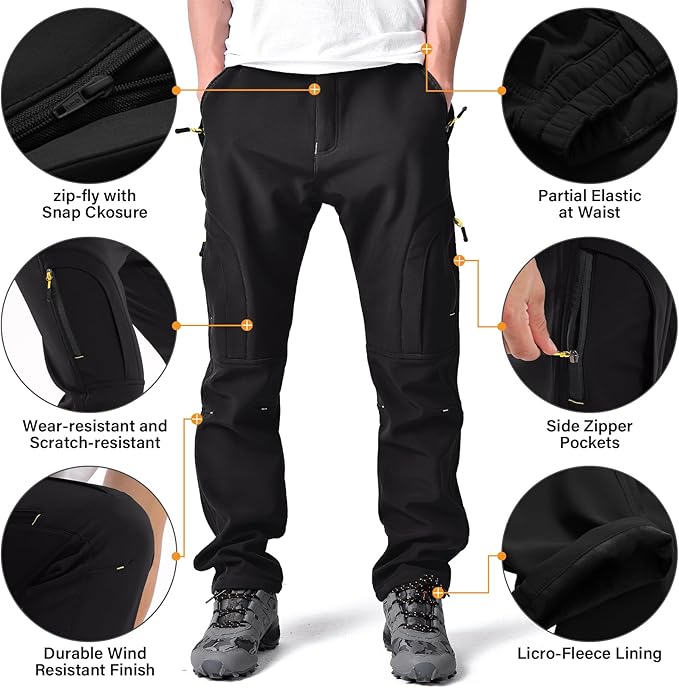 Toomett Men's hiking Snow Pants Skiing Winter Insulated Fleece lined Outdoor Water Repellent camping,walking,fishing