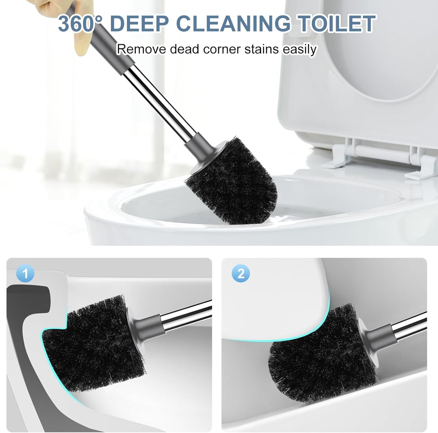 SetSail Toilet Brush and Holder 2 Pack, Self Closing Lid Toilet Bowl Brushes Holder and Extra Long Handle Ventilated Toilet Brush Set for Bathroom Cleaning, Nylon Bristles, Grey