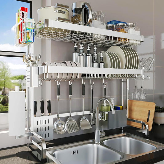 Over The Sink Dish Drying Rack,3 Tier Adjustable Length Full Stainless Steel Large Storage Kitchen Dish Rack,for Kitchen Counter Expandable Multifunctional Organizers,Silver (25.5'' to 37.6'')