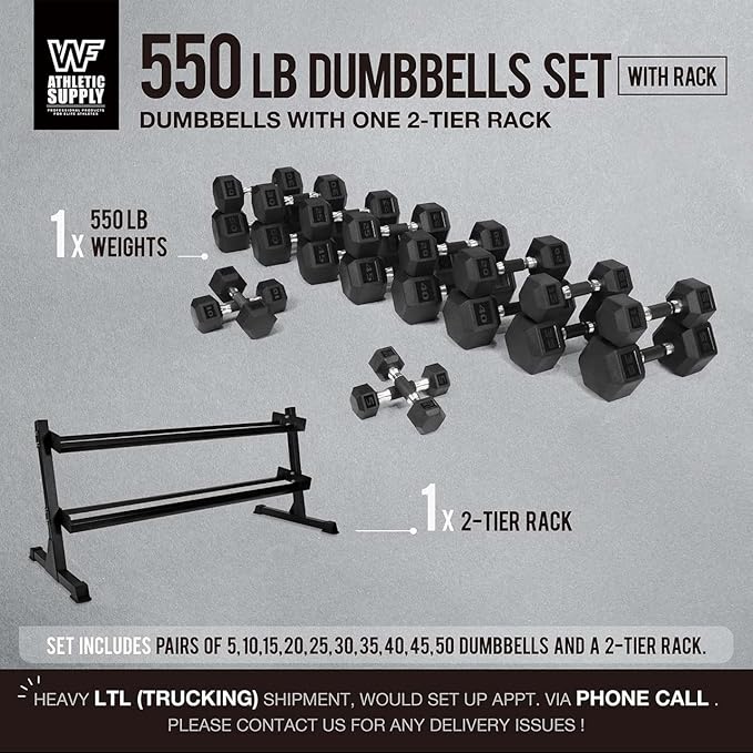 WF Athletic Supply Rubber Encased Hex Dumbbells with Rubber Grip Contoured Handle for Muscle Toning, Strength Building & Full Body Workout