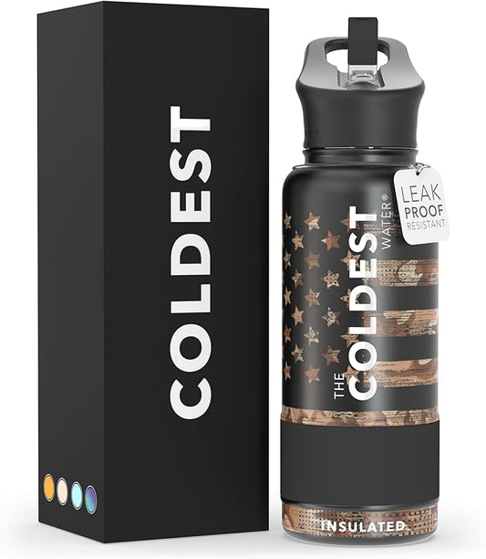 Coldest Insulated Water Bottle with Straw Lid - Stainless Steel Metal Insulated Bottle for Men & Women (Camouflage Flag, 32 oz)