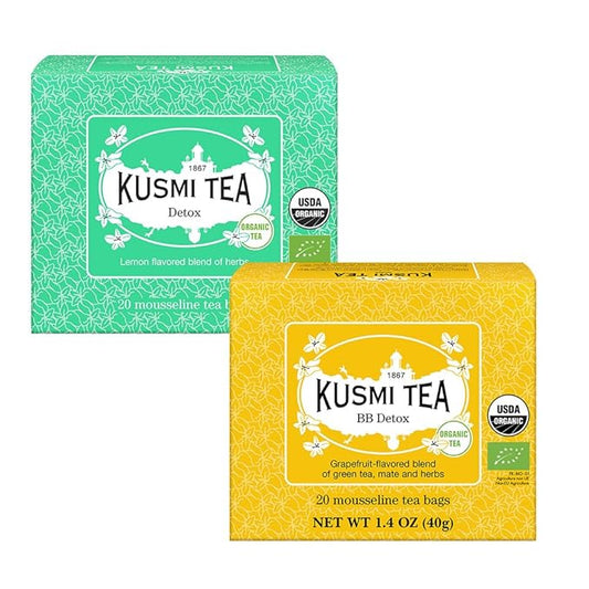 Kusmi Tea - BB Detox + Detox - Iconic Detox Tea - Organic Tea - Blend of Green Tea, Mate & Fruits - Organic Flavored Yerba Mate Tea - Pack of 2 Boxes of Tea Bags - 2x20 Tea Bags