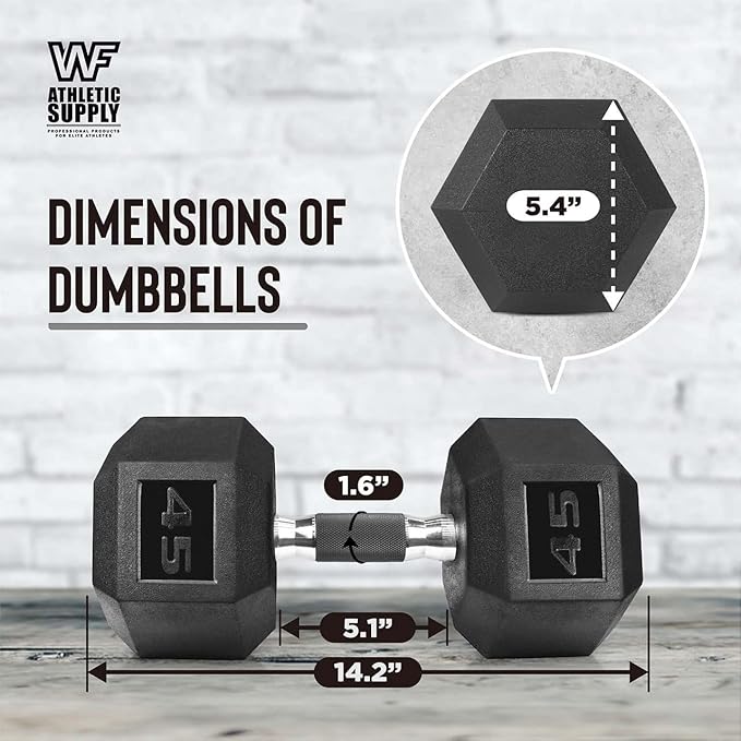 WF Athletic Supply Rubber Encased Hex Dumbbells with Rubber Grip Contoured Handle for Muscle Toning, Strength Building & Full Body Workout