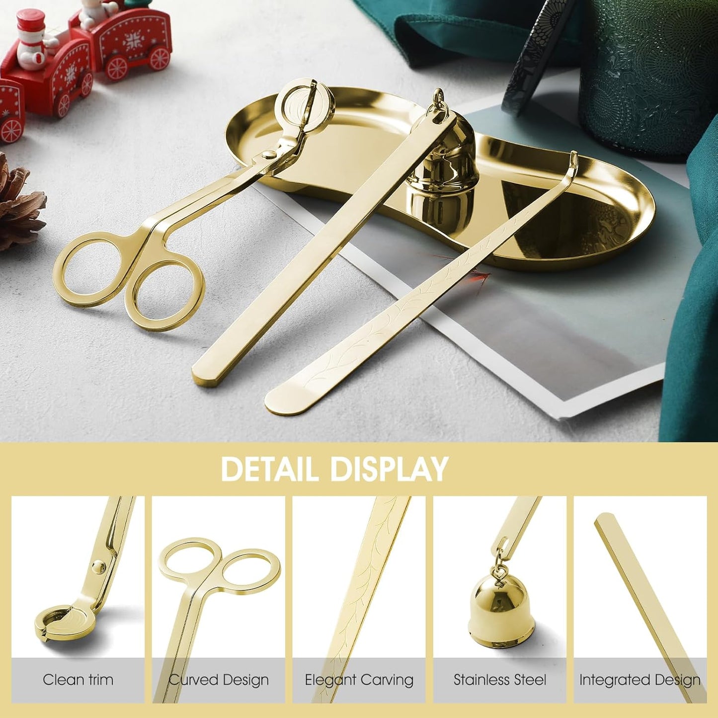 PATOISE 3 in 1 Candle Accessory Set, Candle Wick Trimmer Cutter Mini, Candle Snuffer, Candle Wick Dipper in Gift Package for Candle Aromatherapy Lovers(3PCS Gold)