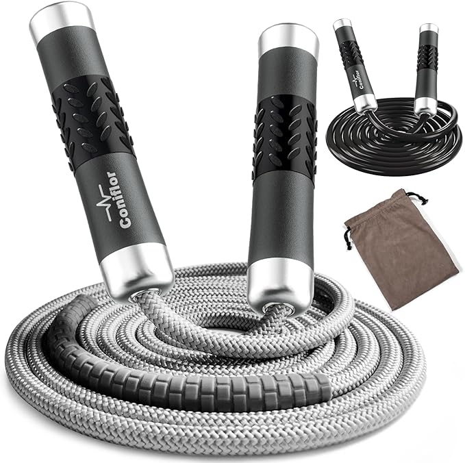 Weighted Jump Rope, 1LB Tangle-Free Ball Bearing Rapid Speed Skipping Rope for Men Women, Adjustable 9mm Cotton & PVC Rope with Alum Handle for Boxing MMA Weight-Loss Athletic Workout Fitness