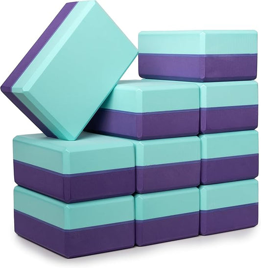 Sunshine Yoga 4" Striped Yoga Block, 10 Pack Bulk EVA Foam Yoga Blocks, Firm and Supportive Yoga Brick, Balance Foam for Stretching, Pilates, and Workout, 4" x 6" x 9"