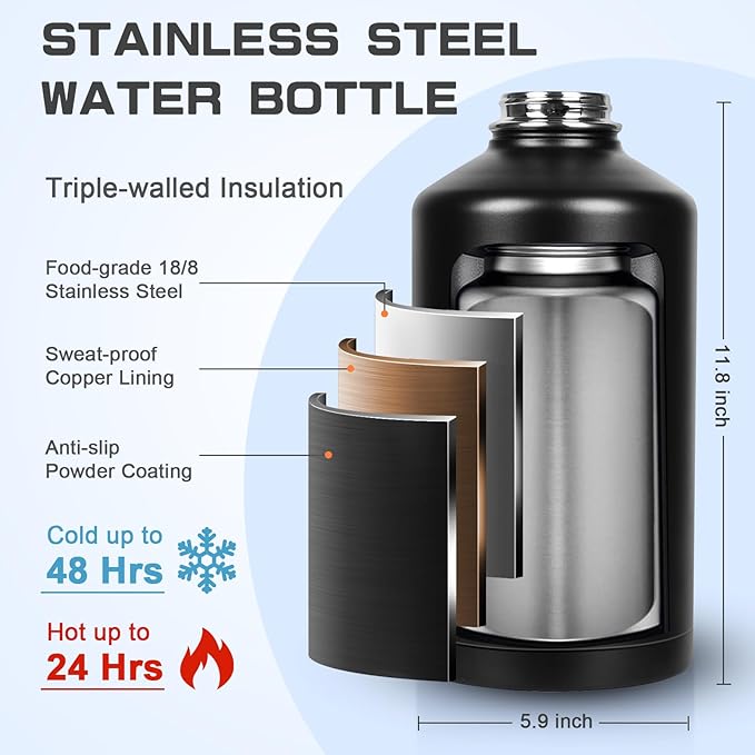 1 Gallon Water Bottle Insulated, Leak Proof 128 oz Stainless Steel Water Jug with Straw/Spout 2-in-1 Lid, Sleeve, Paracord Handle, Silicone Boot, One Gal Metal Canteen for Gym Sports Camping