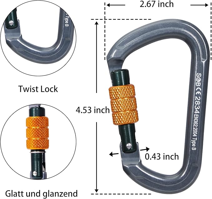 SOB Auto Locking Climbing Carabiner Clips,Heavy Duty Asymmetrical Carabiner Connector Used for Rappelling Gear Rescue Outdoor Projects Dog Leash