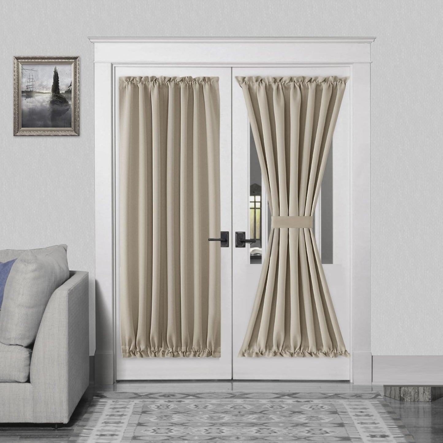DWCN French Door Curtains – Rod Pocket Thermal Blackout Curtain for Doors with Glass Window, Kitchen and Patio Doors for Privacy, 54 X 72 Inches Long, 1 Curtain Panel with Tieback, Taupe