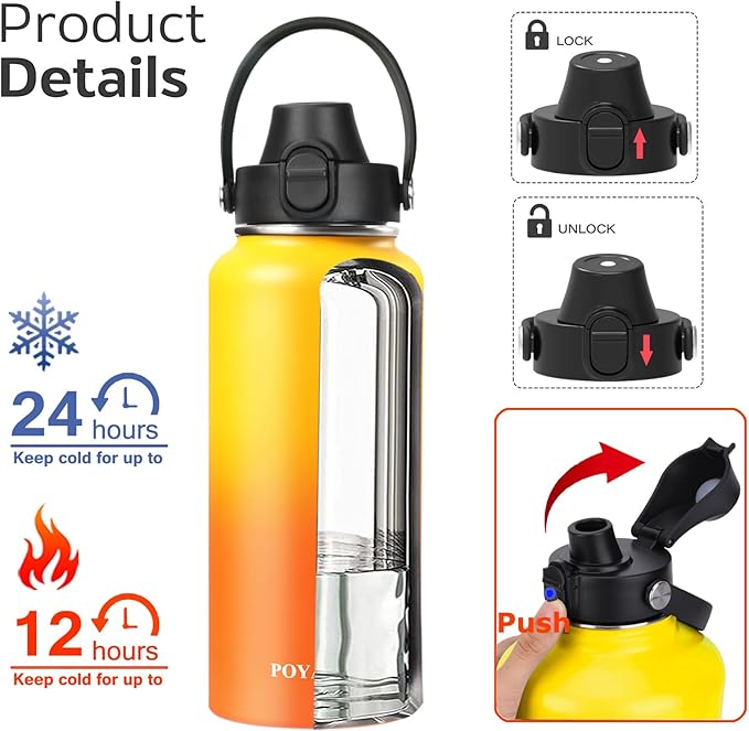Water Bottle Insulated 32oz 40oz 64oz 128oz Straw Lid Spout Lid & 3 Lids, Leak Proof, Vacuum Insulated,Stainless Steel Water Bottle Wide Mouth for Sports, Gym or Office