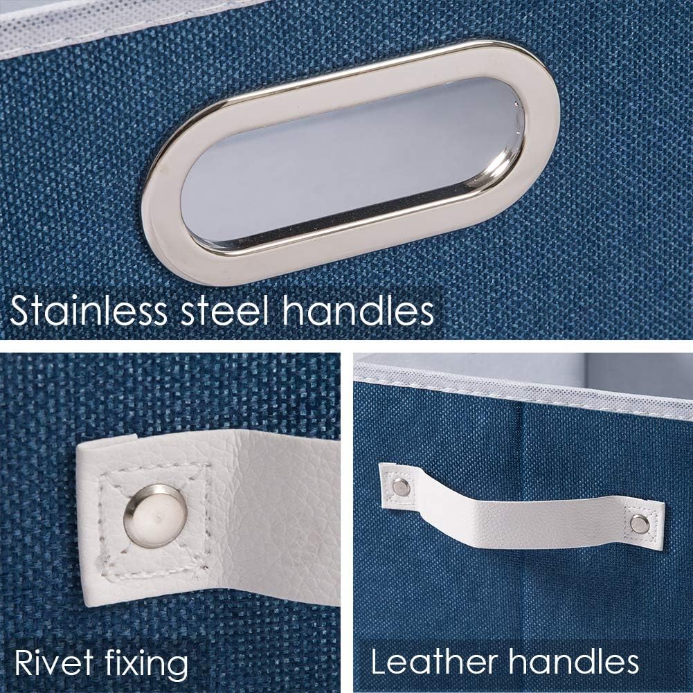 PRANDOM Fodable Storage Baskets for Closet [5-pack] Decorative Fabric Storage Bins Cubes with Leather/Metal Handles for Shelves Bedroom Living Room Royal Blue (11.5x8.5x6.7 Inch)