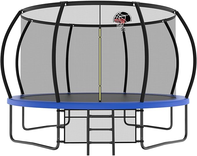 10 12 14 15 16FT Outdoor Trampolines for Kids and Adults, Pumpkin Trampoline with Curved Poles, Recreational Trampoline with Basketball Hoop and Safety Enclosure Net for Kids and Adults