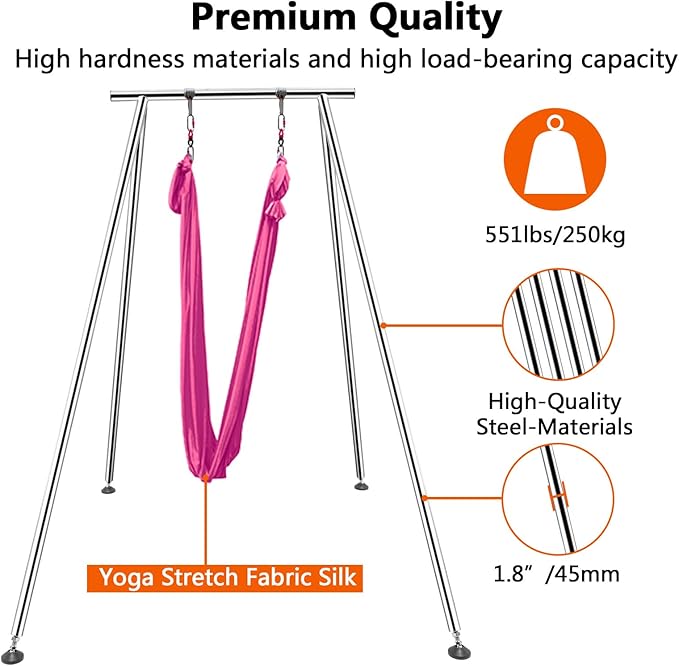 TECSPEC 9.6 FT/115.3 Inch Adjustable Height Aerial Yoga Frame & Hammock, Professional Swing Stand with 18 FT/33FT Aerial Silk, 550lbs Max Capacity