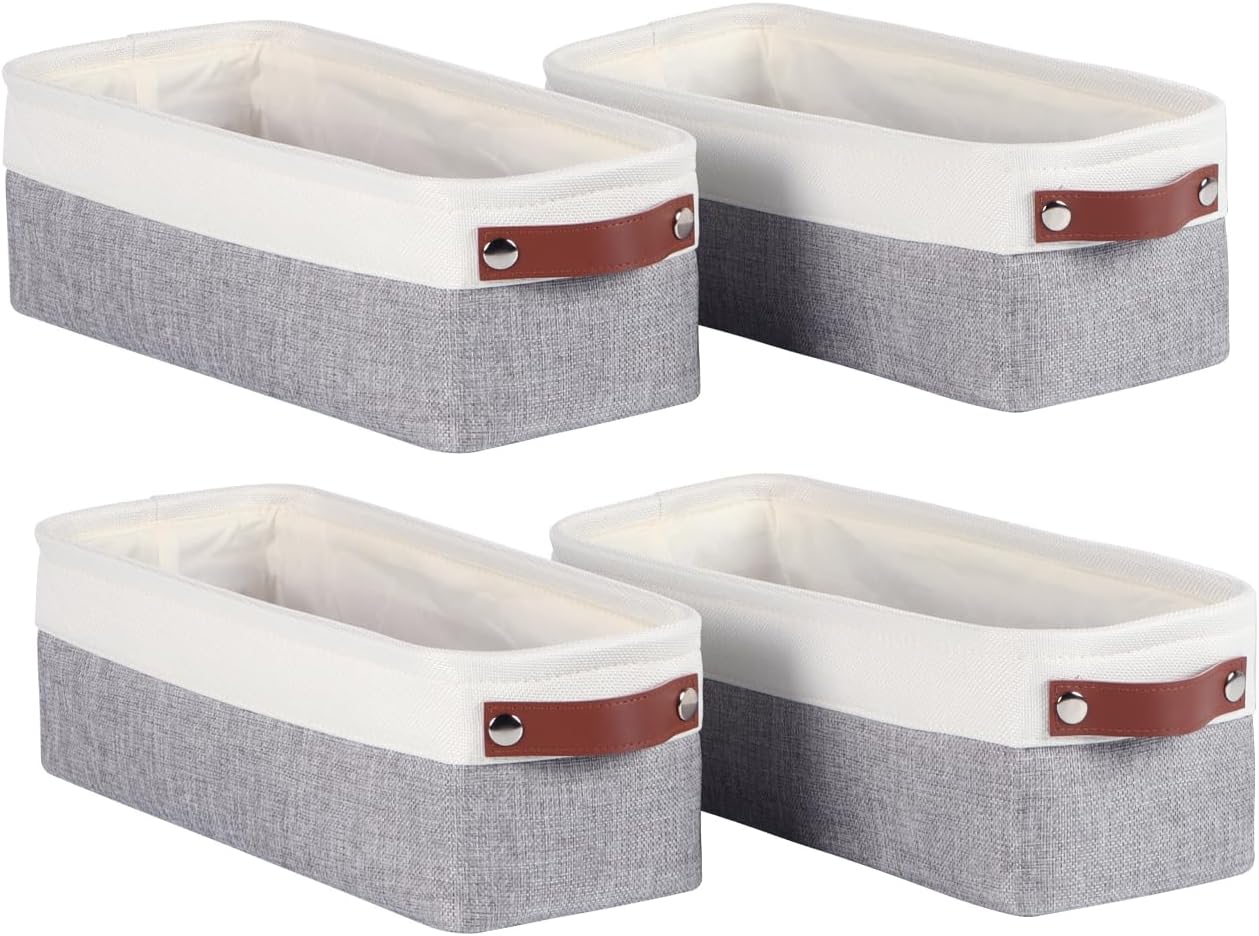 Univivi 4PC Small Fabric Storage Bins,15x6x5 inch Long Narrow Storage Baskets with PU Handles for Closet,Cabinet,Countertop Organizing Small Items (Gray,15x6x5 inch)