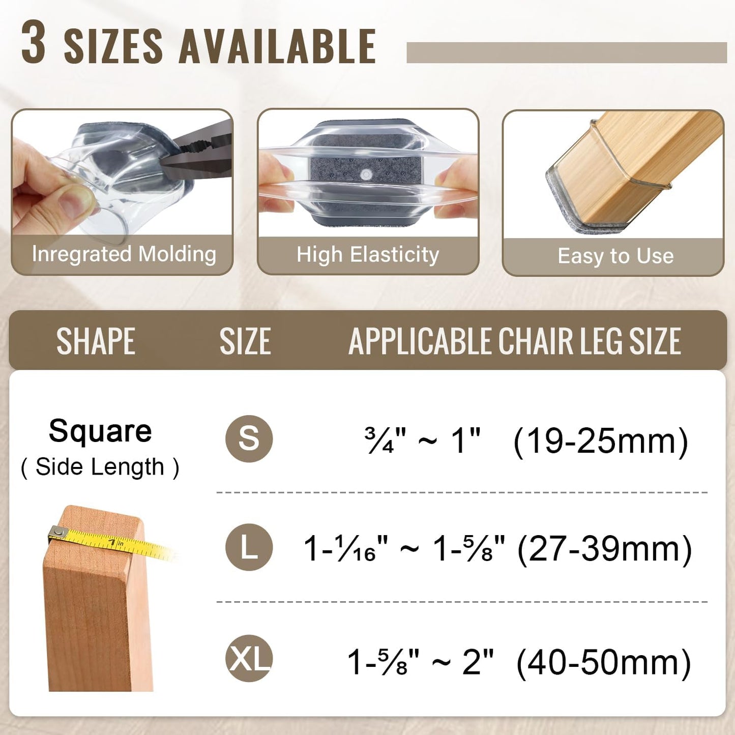 BUMACO Chair Leg Floor Protectors Square Chair Leg Protectors for Hardwood Floors Silicone Pads Covers to Protect Floors Clear-40 Pcs Square L (1-1/16" to 1-5/8")
