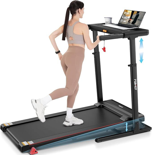 Treadmill with Desk Workstation & Adjustable Height, 300 LBS Weight Capacity, Folding Treadmill with 3 Level Incline, Bluetooth Speaker & App, Portable 2.5HP Walking Pad with Desktop for Home Office