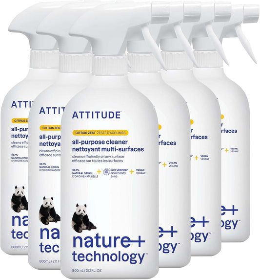 ATTITUDE All Purpose Cleaner Spray, EWG Verified, Vegan, Made with 94% Plant-Based Ingredients, Streak-Free for Kitchen, Bathroom, Glass & More, Citrus Zest Scent, 27.1 Fl Oz (Pack of 6)