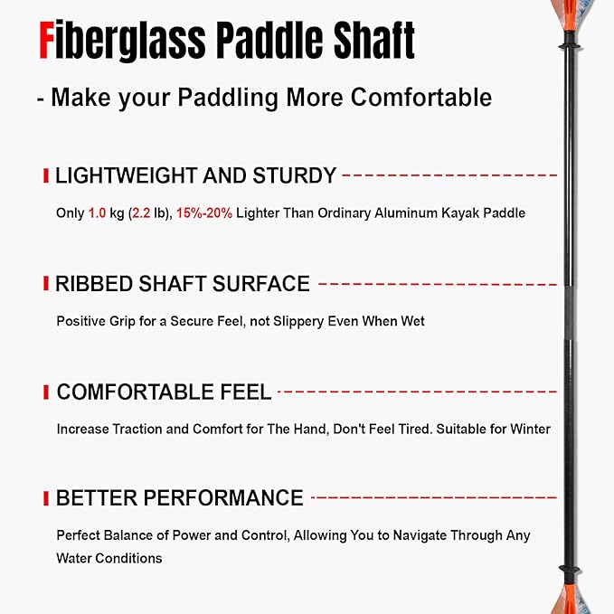 Kayak Paddles with Fiberglass Shaft and Reinforced PP Blade, Floating Adjustable Kayaking Oars, 3 Piece, 220-240 cm/86-94 Inches, 240-260 cm/94-102 Inches