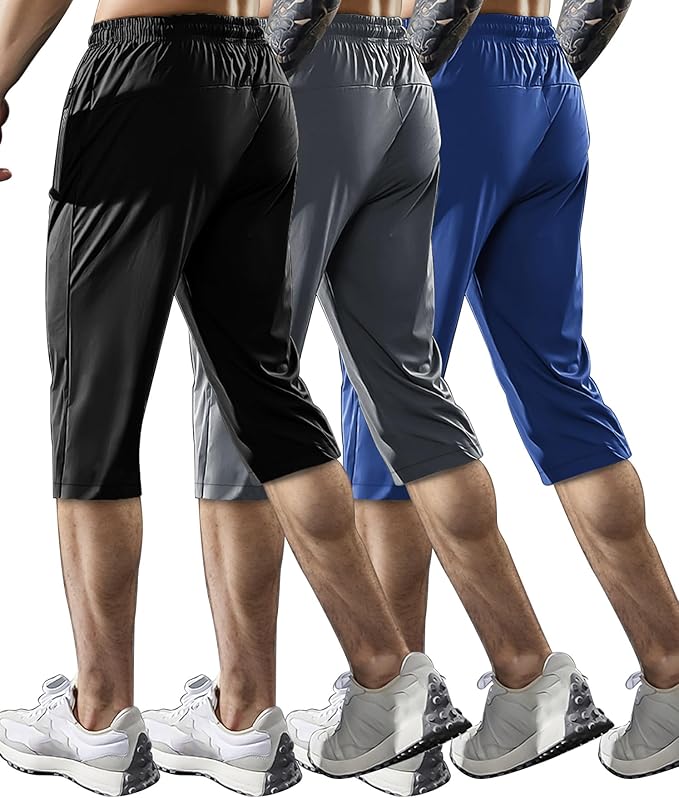 Men's Capri Pants 3/4 Joggers Gym/Workout/Hiking Below Knee Long Shorts Lightweight Quick Dry with Zipper Pockets