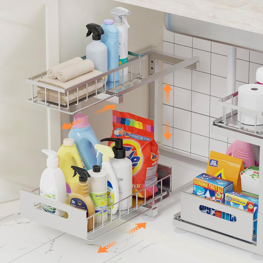 2 Pack Under Sink Organizer, 2-Tier Heavy Duty Metal Pull Out Cabinet Organizer Slide Out Sink Shelf Organizer Height Adustable, Multi-Purpose Storage Shelf for Kitchen Bathroom (Silver, 2 Pack)