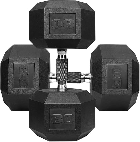 WF Athletic Supply Rubber Encased Hex Dumbbells with Rubber Grip Contoured Handle for Muscle Toning, Strength Building & Full Body Workout