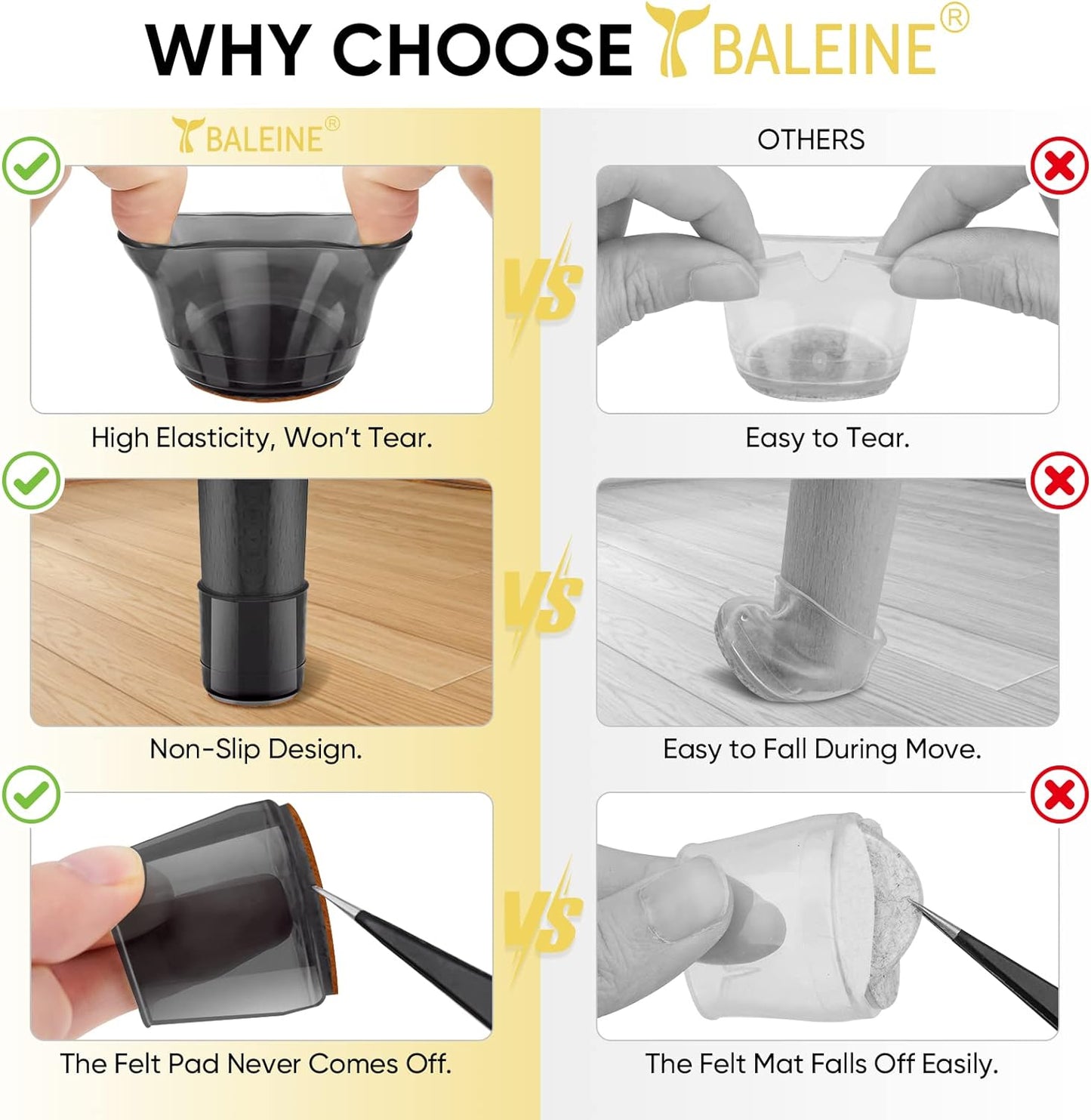 BALEINE 32 Pack Silicone Chair Leg Floor Protectors, Stool Leg Protectors Cap, Non-Slip Chair Leg Caps for Hardwood Floors (Black & Small, 32 Pack, XL)