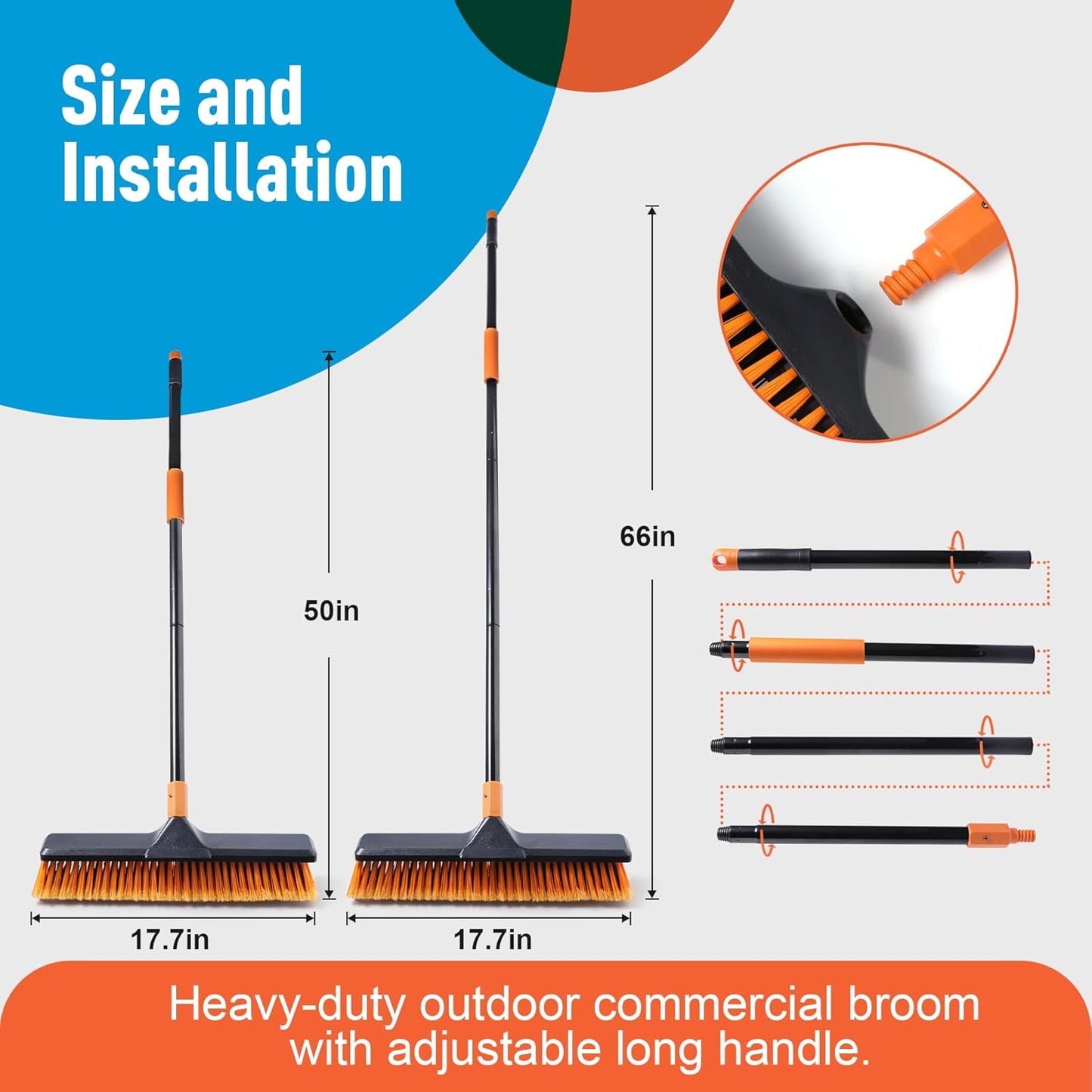 18" Push Broom Outdoor for Floor Cleaning with Extendable Long Handle, Stiff Bristle Heavy Duty Broom for Bathroom, Kitchen, Tub, Tile, Patio, Deck, Concrete, Industrial