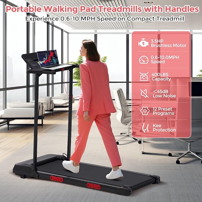 Walking Pad Treadmill with Handle Bar, 3.5HP Compact Electric Walking Pads Treadmills with Handles for Home Apartment Small, 0.6-10MPH Portable Foldable Folding Small Treadmill Home, 400LBS Capacity
