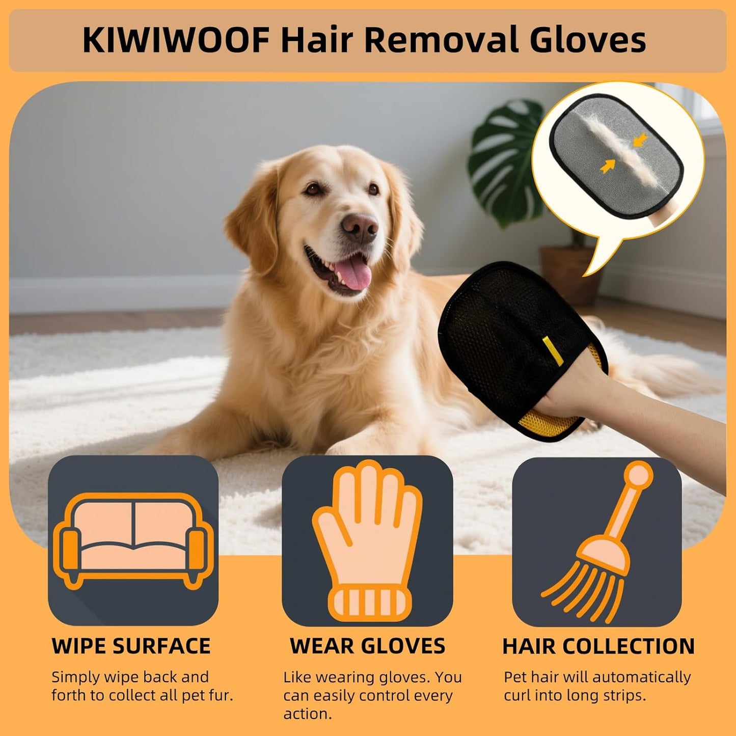 Electrostatic Pet Hair Removal Gloves for Cats&Dogs,2025 New Upgraded Reusable Quick De-Shedding Grooming Gloves,Animal Fur Remover Tool for Couch,Carpet,Furniture,Car Seat,Clothing,Curtain 1PcsYellow