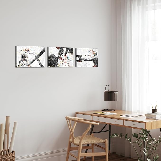 KREATIVE ARTS 3 Pieces Fitness Gym Canvas Wall Art - 12"x16" Framed Workout Prints with Weightlifting, Dumbbell, Barbell & Fitness Rope Motifs, Black & White Sport Painting, Home Gym Decor