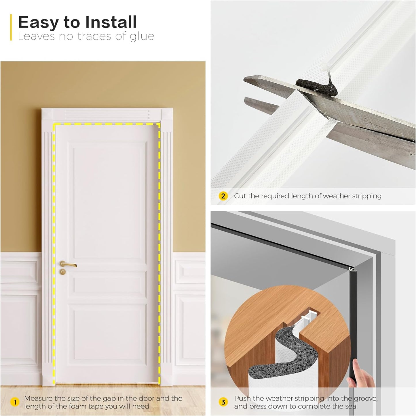 Ravinte Weather Stripping Door Seal Strip Soundproof "Q" Foam Weather Stripping for Door Frame, Exterior Door Weather Stripping for Large Gap, Easy to Install（White, 28FT)