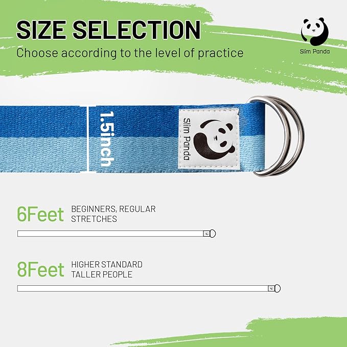 Slim Panda Yoga Strap for Stretching,Cotton Yoga Strap with Adjustable D-Ring Buckle,Non-Elastic Yoga Belt for Pilates,Gym Workouts,Physical Therapy,Improve Flexibility