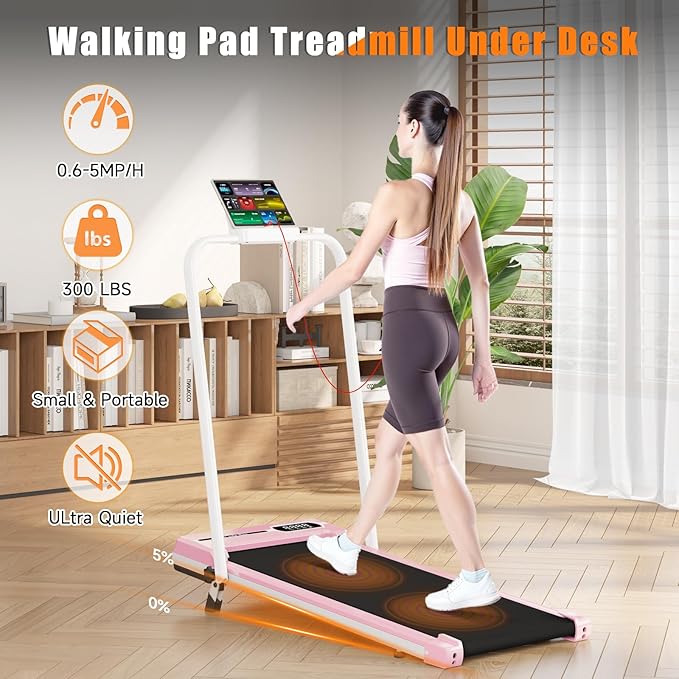 Incline Walking Pad with Handle Bar, Folding Treadmill Foldable Portable Under Desk for Home Office, Ultra Quiet <45dB, Safety Lock, 300+ LB Capacity