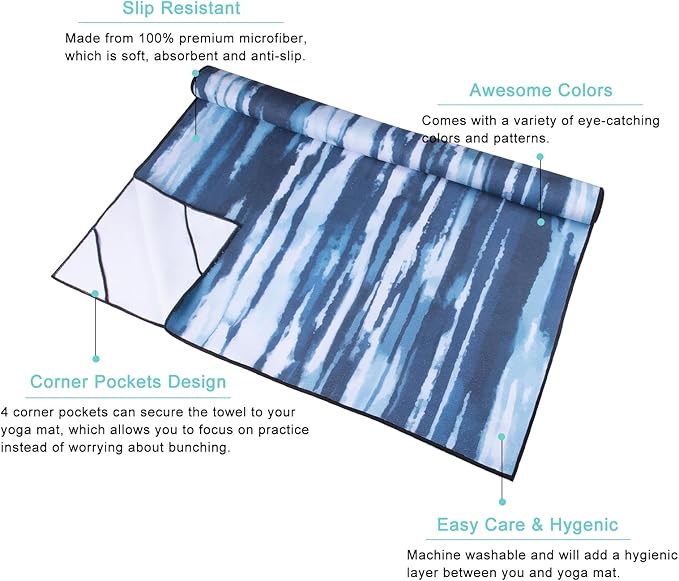 QiyI Yoga Mat Towel with Corner Pockets, Non Slip Sweat Absorbent Hot Yoga Towels, Soft Yoga Blankets with Travel Bag, Skidless Mat Cover for Workout, Gym, Fitness - 70"x26", Blue White Tie Dye