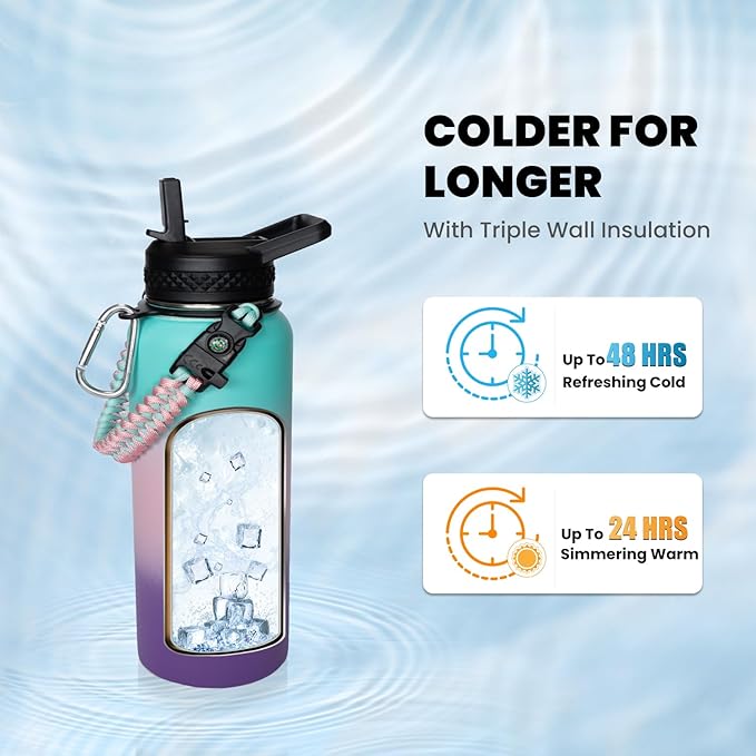 Insulated Water Bottle 32 oz, Triple Wall Vacuum Stainless Steel (Cold for 48 Hrs), Leak Proof & Non-BPA, Modern Water Flask Jug with Paracord Handle & Straw Spout Lids, Hydrangea
