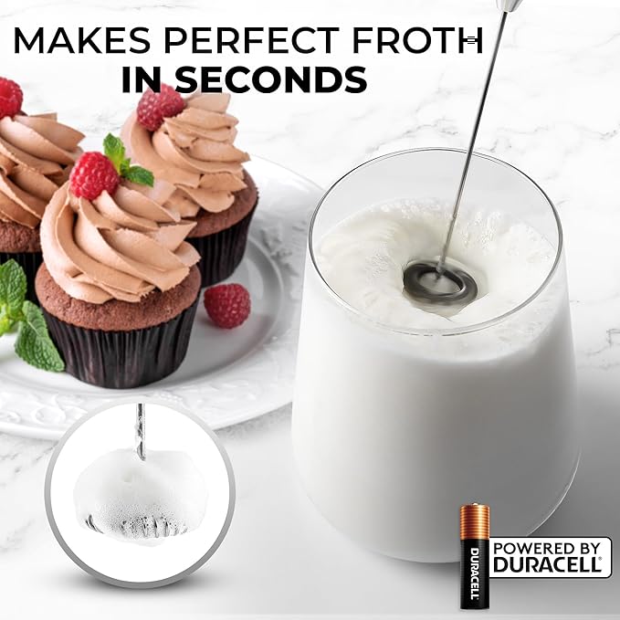 Zulay Powerful Milk Frother (4 Duracell Batteries Included) - Handheld Milk Frother Wand Drink Mixer for Coffee - Powerful Milk Foamer for Cappuccino, Frappe, Matcha & Creamer - Metallic Ice Blue