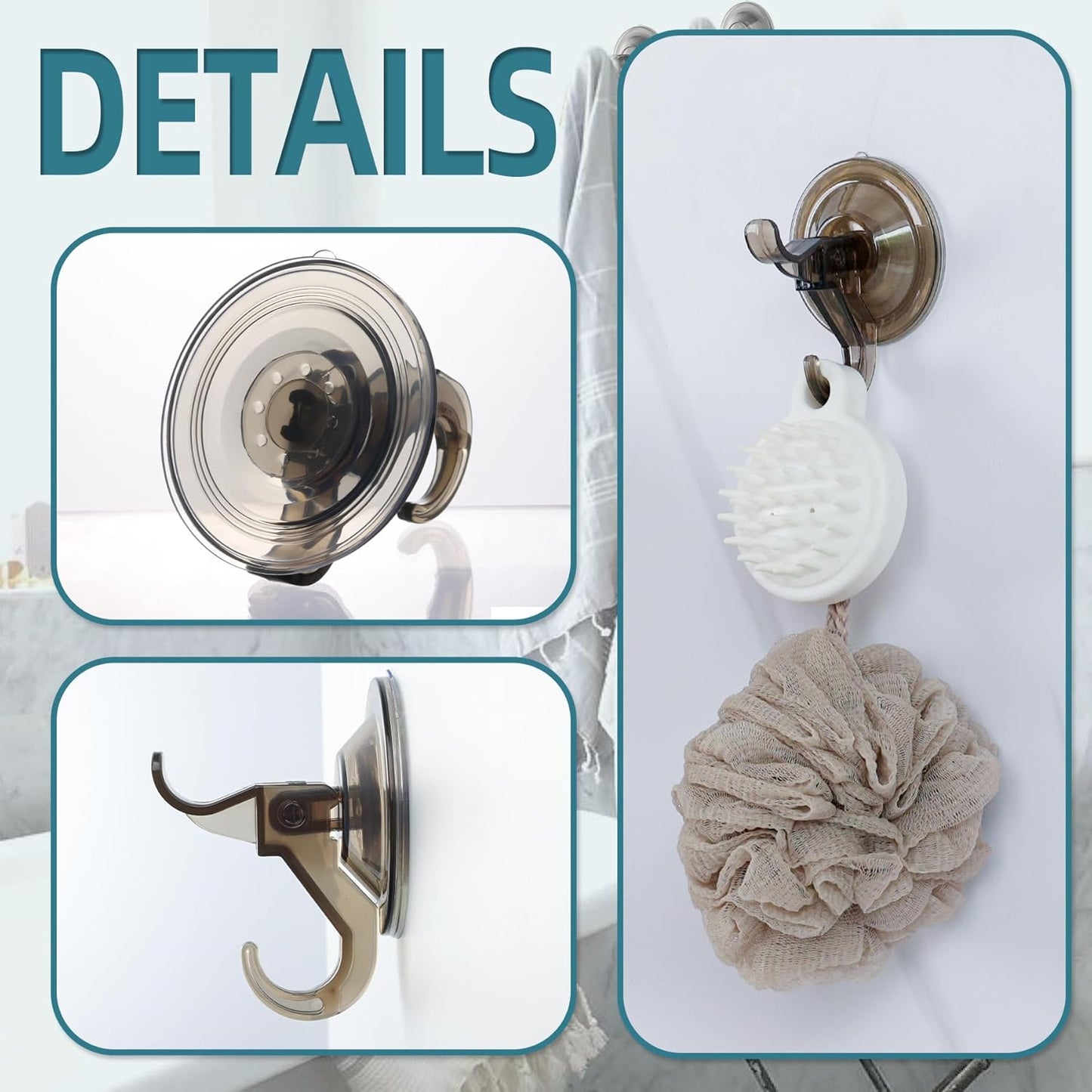 Antimbee Suction Hooks, 5 Pack Clear Hanger, Removable Small Suction Cups for Shower, Bathroom, Glass, Door, Windows, Kitchen - Up to 11 lbs on Smooth Surface - 2 Hooks Design (Transparent Gray)