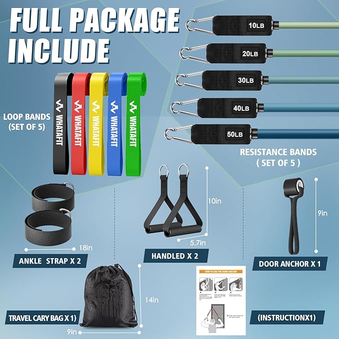 WHATAFIT Resistance Bands, Exercise Bands，Resistance Bands for Working Out, Work Out Bands with Handles for Men and Women Fitness, Strength Training Home Gym Equipment