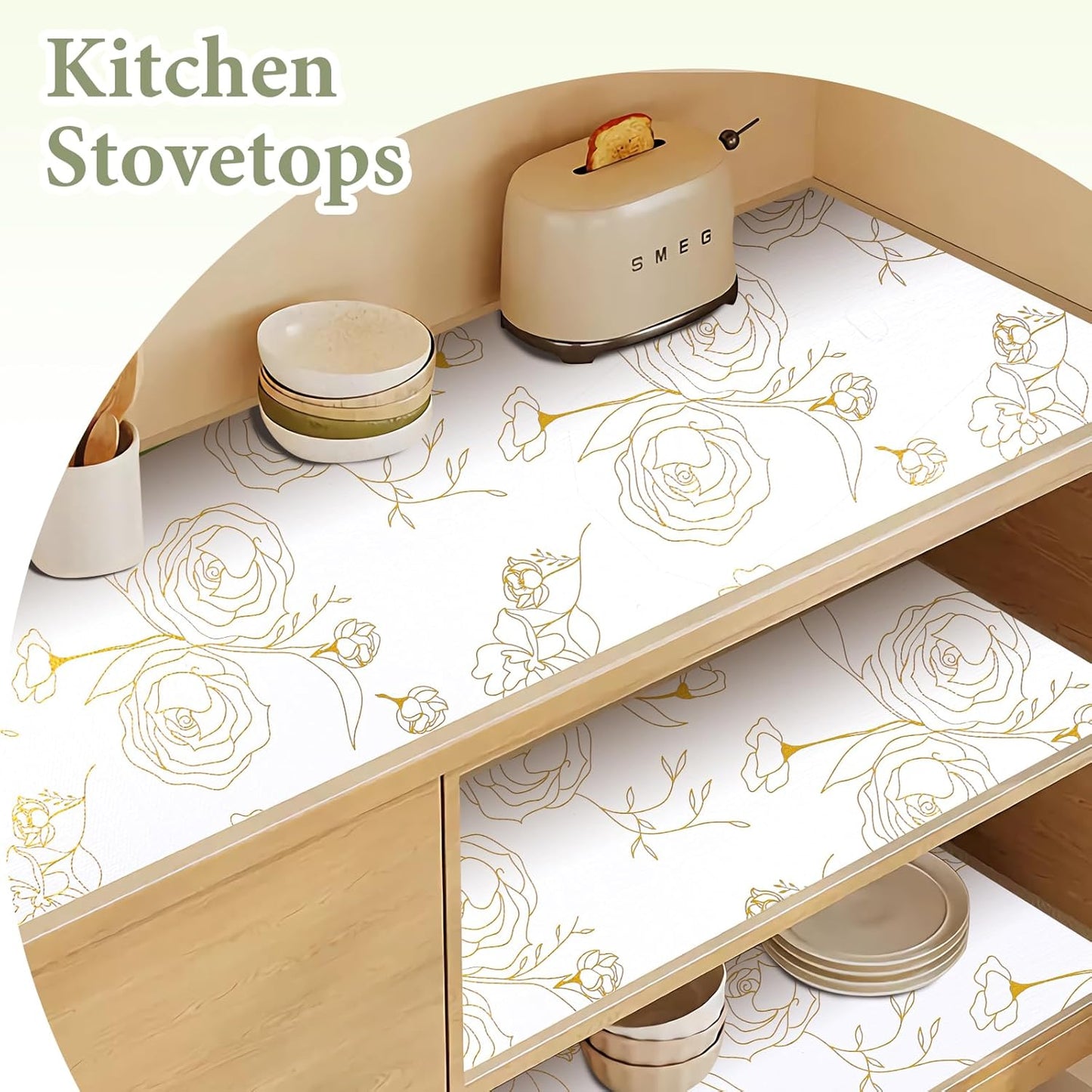 Shelf Liners for Kitchen Cabinets 12in x 10FT Non Adhesive Drawer Liner Gold Floral Thickened Shelf Liner Paper Strong Non-Slip Easy to Clean for Tool Box Refrigerator with Knife and Tape Measure