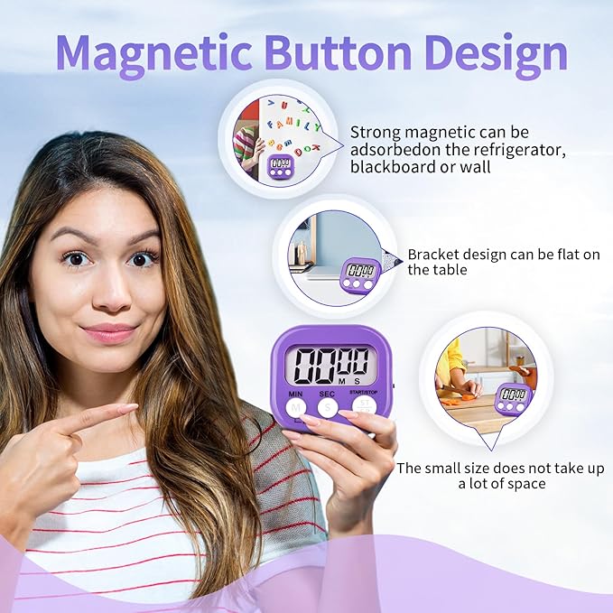 12 Pack Digital Kitchen Timer Magnetic Digital Timer with Big Display Loud Ring Cooking Timers for Kitchen Electronic Timer for Cooking, Bathing, Gym, Break Time, Classroom(12,White,Blue,Purple)