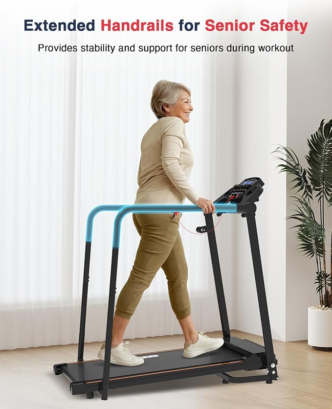 Redliro Walking Treadmill with Long Handrails – Treadmill for Seniors 300 lbs Capacity – Foldable, Lightweight with Wheels, Cup & Phone Holder – Recovery Machine for Home or Apartment