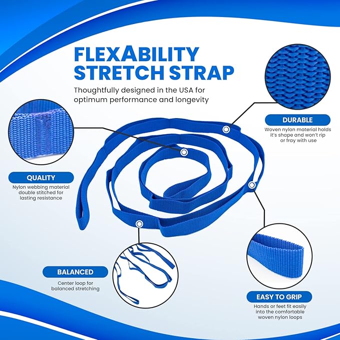 RangeMaster FlexAbility Static Stretch Strap | | Perfect for Yoga, Pilates, and Physical Therapy | Flexibility and Range of Motion Tool | Blue