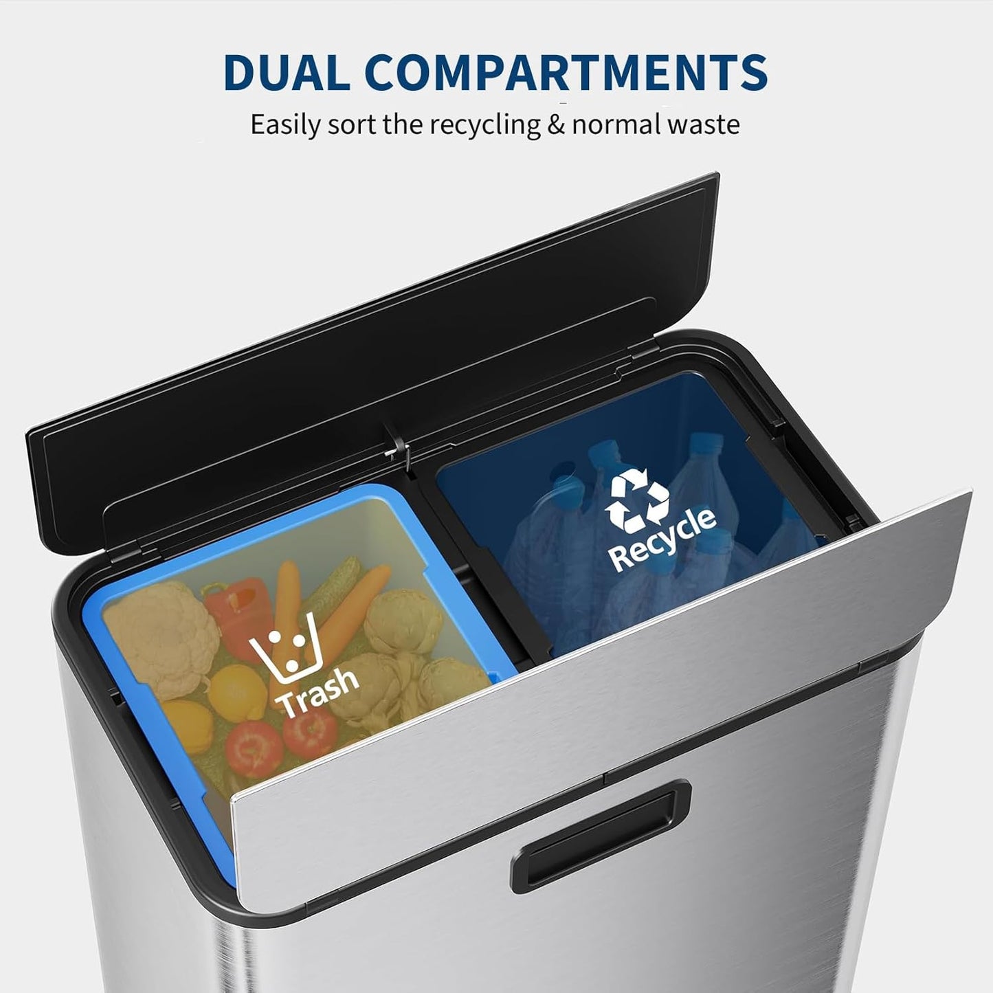 14.8 Gallon / 56L Kitchen Trash Can with Wing Lid, 2 x 7.4Gal Dual Compartments Slim Stainless Steel Garbage Can with 2 Removable Inner Buckets, Fingerprint-Proof Step Rubbish Bin With Soft-Close Lid