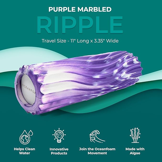 Oceanfoam Ripple Travel Foam Roller (11" x 3.35") Firm Mini Foam Roller for Physical Therapy, Deep Tissue Massage, Back Pain - High Density, Ergonomic Wave Textured - Yoga, Exercise (Purple Marbled)